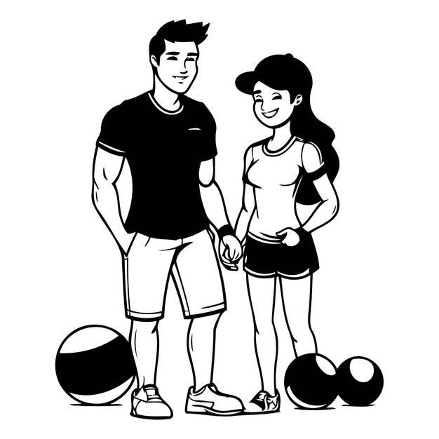 Una pareja joven jugando al voleibol Ilustración vectorial en estilo de dibujos animados aislados sobre fondo azul