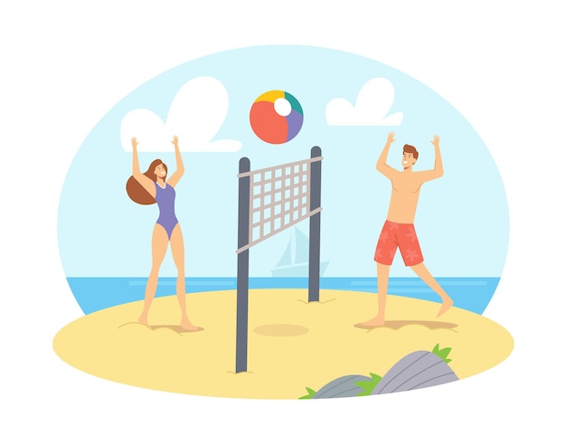 Vector pareja joven jugando voleibol de playa en la orilla del mar lanzar la pelota el uno al otro. familia feliz, esposa, y, marido, ocio