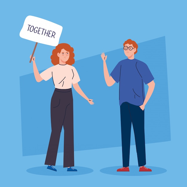 Pareja joven se junta personaje avatar