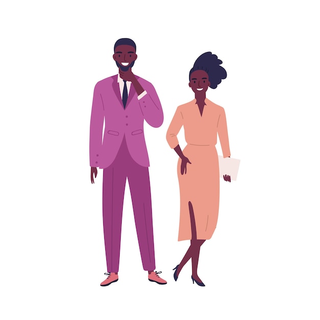 Pareja joven moderna de piel oscura con traje oficial formal. mujer elegante, sosteniendo papeles y hombre posando en traje rosa. ilustración de dibujos animados de vector plano aislado sobre fondo blanco.