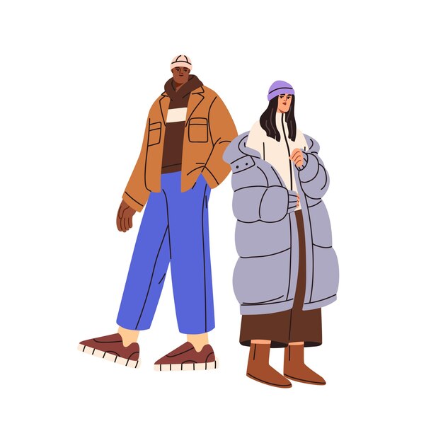 Una pareja joven moderna con ropa de moda Hombre y mujer de pie con trajes de moda para la temporada de otoño e invierno Ropa casual elegante Ilustración vectorial gráfica plana aislada sobre fondo blanco