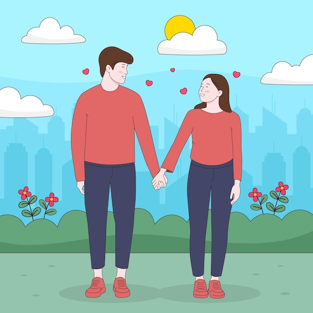 Vector una pareja joven, un niño y una niña, de pie, tomados de la mano, abrazándose, sintiéndose enamorados.