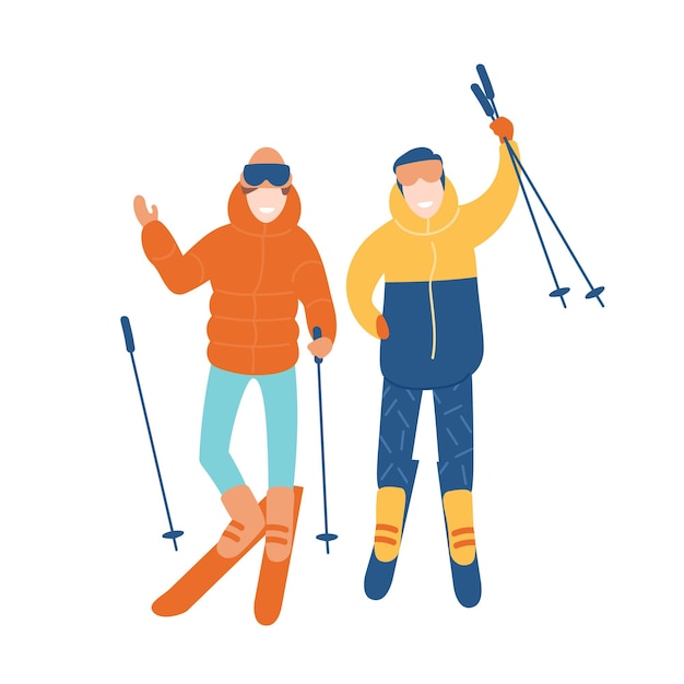 Pareja joven o pareja de amigos esquiando juntos. Sonriente hombre y mujer en esquís. Deportes extremos de invierno y actividad al aire libre. Personajes de dibujos animados aislados sobre fondo blanco. Ilustración de vector plano.