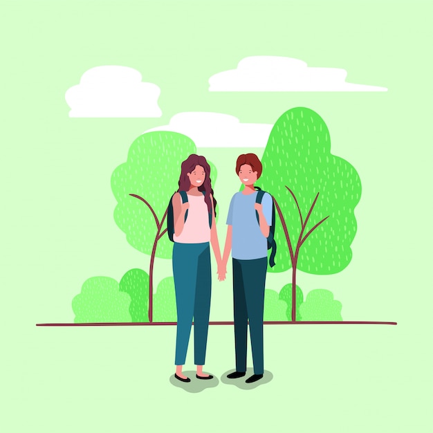 Pareja joven en los personajes del parque