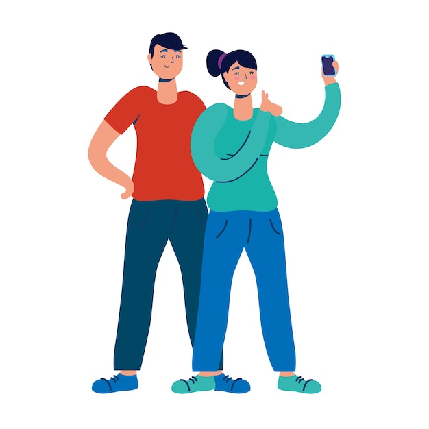 Vector pareja joven con personajes de tecnología de teléfonos inteligentes.