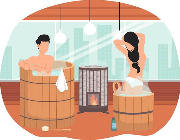 Vector una pareja joven de pie en fuentes bathhouse o banya en el diseño de interiores de la casa la gente en barriles está descansando en la sauna los personajes de dibujos animados en vapor caliente se bañan y pasan un tiempo romántico juntos
