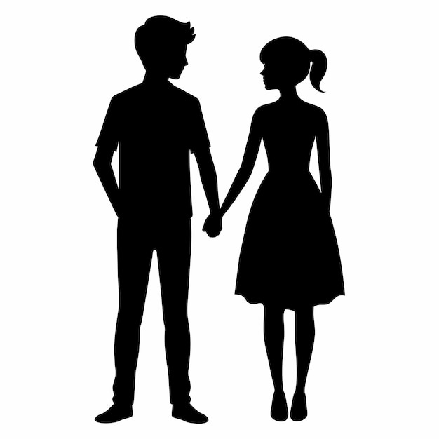 una pareja joven de pie con la mano el uno al lado del otro silueta vectorial 10