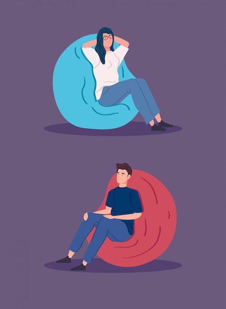 Pareja joven en puf diseño de ilustración vectorial suave