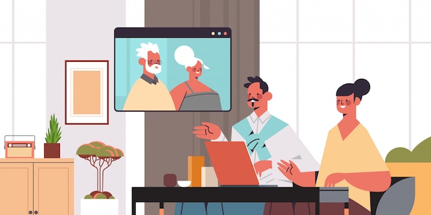 Vector pareja joven que tiene una reunión virtual con los abuelos durante la videollamada chat familiar en línea comunicación concepto retrato horizontal ilustración