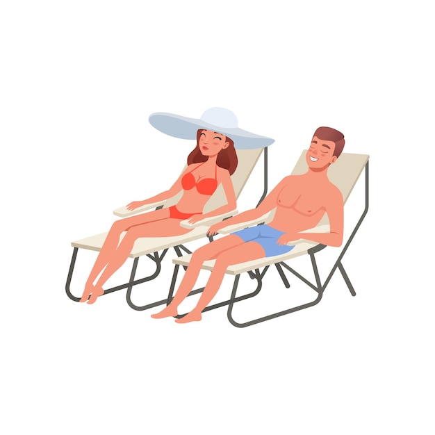 Una pareja joven relajándose en una playa tropical en sillas vectoriales ilustración aislada sobre un fondo blanco