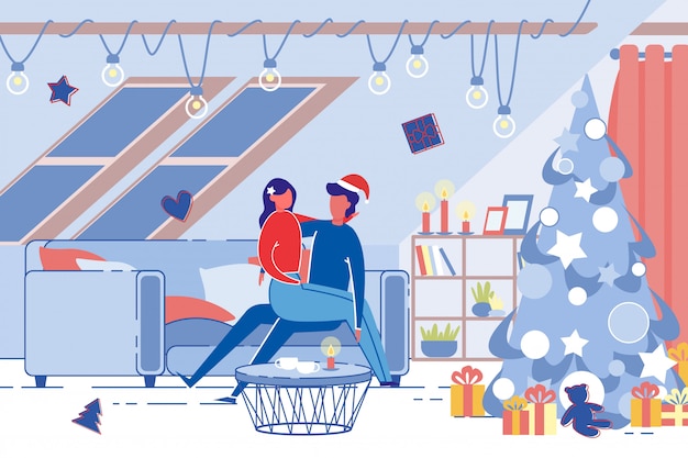 Pareja joven romántica celebra vacaciones de navidad