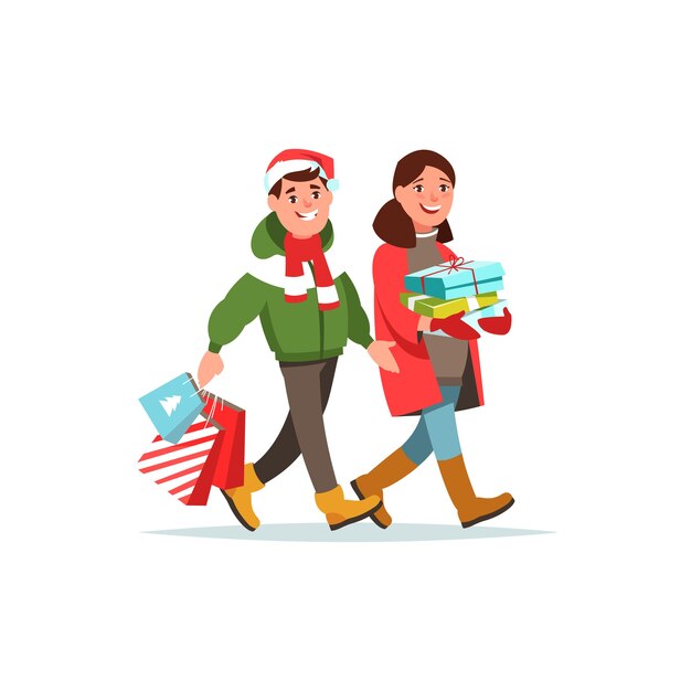 Pareja joven ropa de invierno con caja de regalo y estilo de dibujos animados de bolsa de compras.