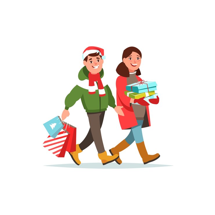 Vector pareja joven ropa de invierno con caja de regalo y estilo de dibujos animados de bolsa de compras.