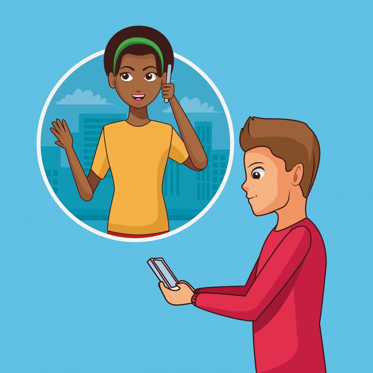 Vector pareja joven con teléfonos inteligentes