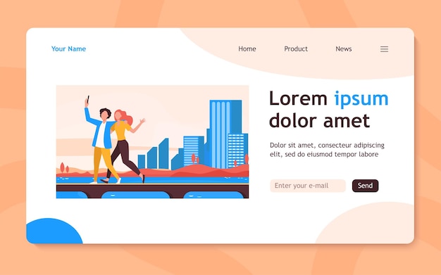 Pareja joven tomando selfie en puente con paisaje urbano. Turista, smartphone, mar ilustración plana. Diseño de sitio web de concepto de vacaciones y viajes o página web de destino