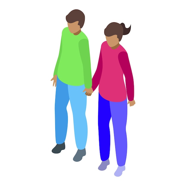 Una pareja joven tomándose de la mano caminando juntos vista isométrica