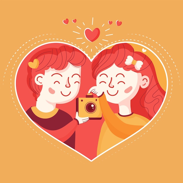 Pareja joven, tomar una foto, juntos, de, cámara, interior, forma corazón, fondo naranja, amor, concepto