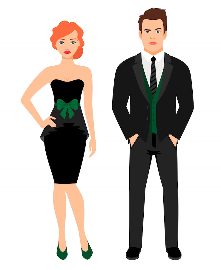 Vector pareja joven en traje de moda negro. mujer en vestido negro pequeño y hombre en chaleco y chaqueta, ilustración vectorial