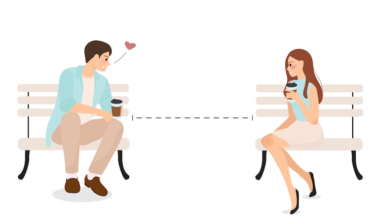 Vector la pareja joven usa el distanciamiento social para comunicarse y confesar