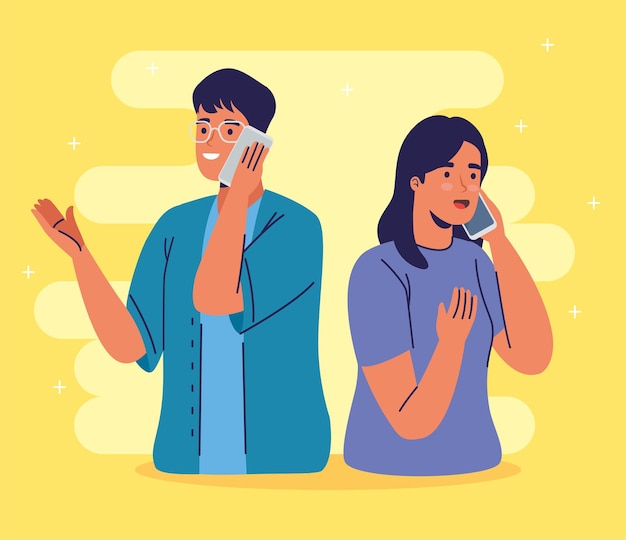 Vector pareja joven usando teléfonos inteligentes llamando a personajes