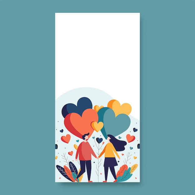 Pareja joven vectorial tomados de la mano con corazones coloridos hojas decoradas de fondo y espacio de copia plantilla de san valentín o diseño de banner vertical