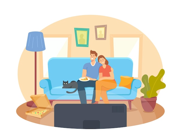 Pareja joven viendo la televisión en casa. personajes masculinos y femeninos sentados en el sofá junto con pizza y gato en la noche de fin de semana perezoso. cine de ocio, día libre. ilustración de vector de gente de dibujos animados