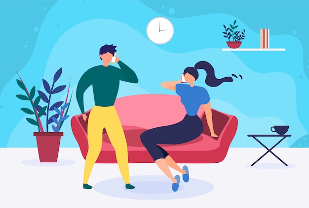 Pareja de jóvenes casados hablando por teléfono en casa Dibujos animados