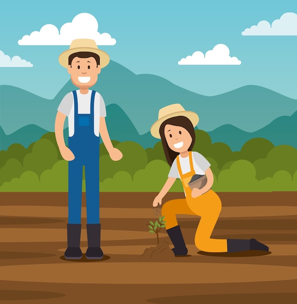 Vector pareja de jóvenes jardineros haciendo trabajo de jardinería