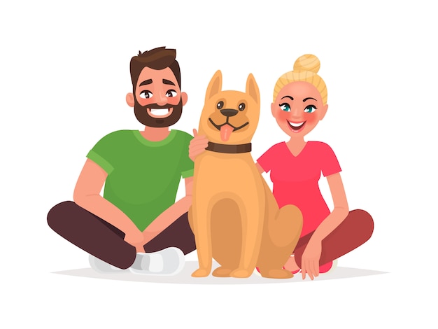 Vector pareja de jóvenes con una mascota. marido y mujer con un perro