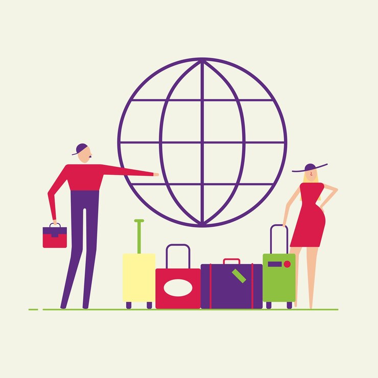Vector pareja de jóvenes mujeres y hombres hombre y mujer con equipaje van a viajar estilo plano