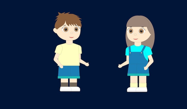 Vector una pareja de jóvenes, un niño y una niña, de pie sobre un fondo azul, una ilustración vectorial en un piso.