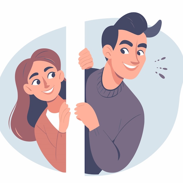 una pareja jugando al escondite y buscando ilustraciones vectoriales en fondo blanco