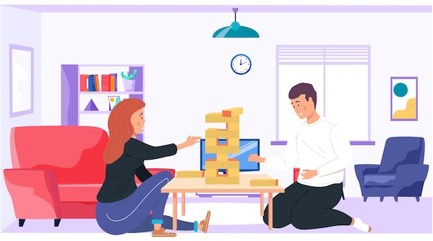 Vector pareja jugando jenga en casa ilustración de dibujos animados