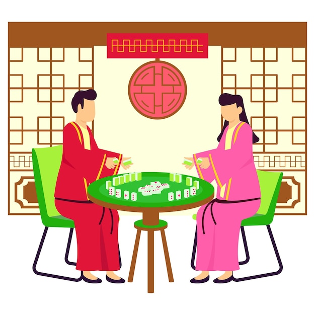 Vector la pareja está jugando mahjong o mahjong mientras está sentada en el restaurante concepto diseño de icono vectorial