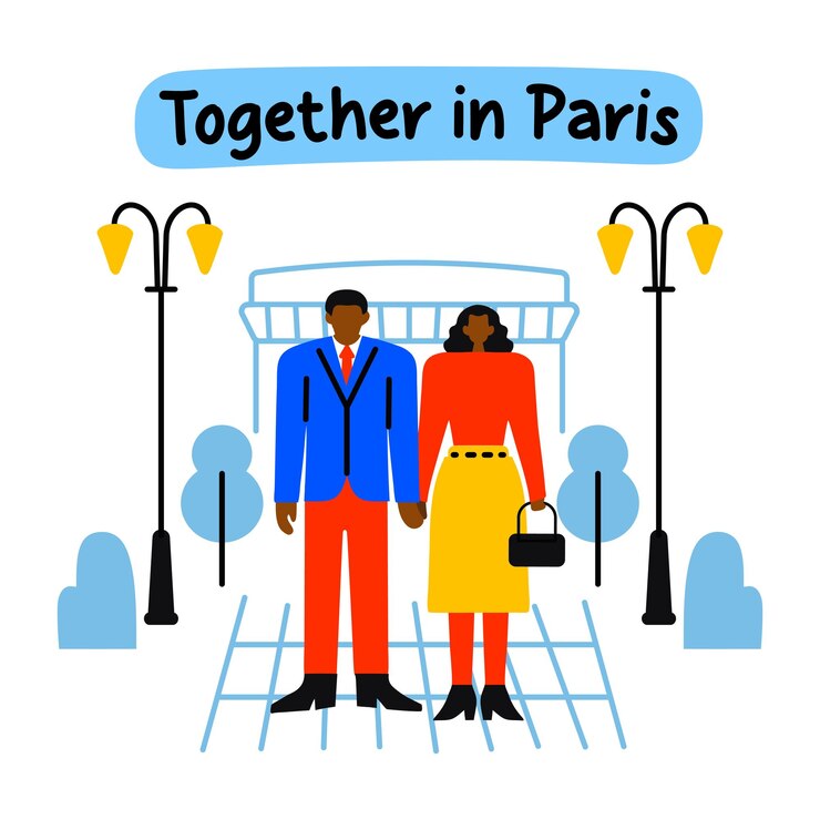 Vector pareja con juntos en parís texto pegatina plana