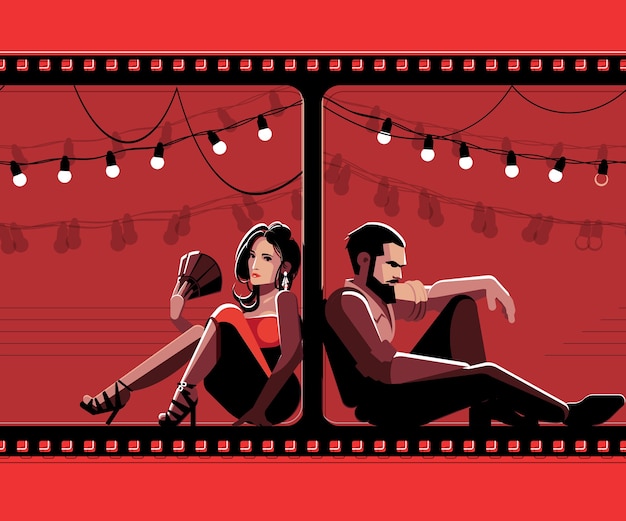 Vector pareja latina sentada en lados opuestos de la pared. ilusión de fotograma de película. ilustración roja y negra de estilo plano moderno