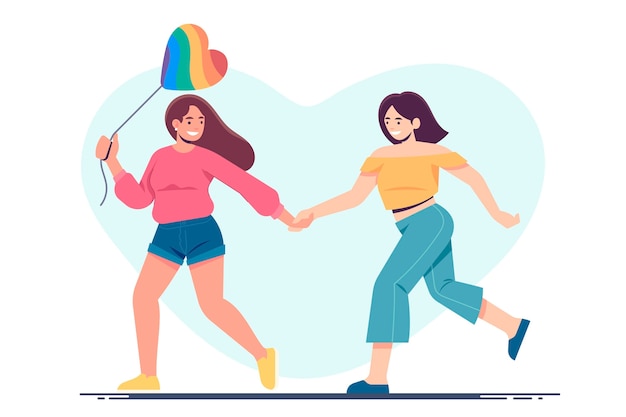 Vector pareja de lesbianas con bandera lgbt