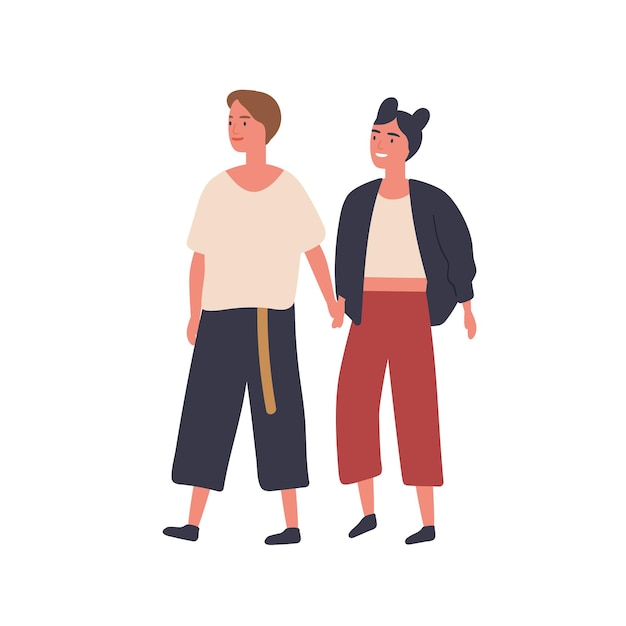 Pareja de lesbianas cogidos de la mano ilustración vectorial plana. jóvenes mujeres felices caminando juntos personajes de dibujos animados. novias alegres, amantes de paseo. elemento de diseño de relación homosexual.