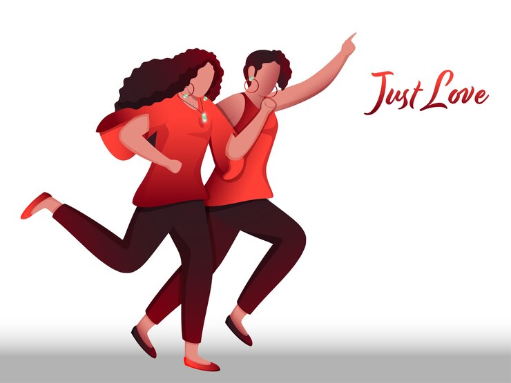 Vector pareja de lesbianas de dibujos animados corriendo sobre fondo blanco por concepto de amor justo