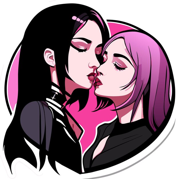 Vector pareja de lesbianas enamoradas dibujada a mano plana con estilo adhesivo de dibujos animados icono concepto ilustración aislada