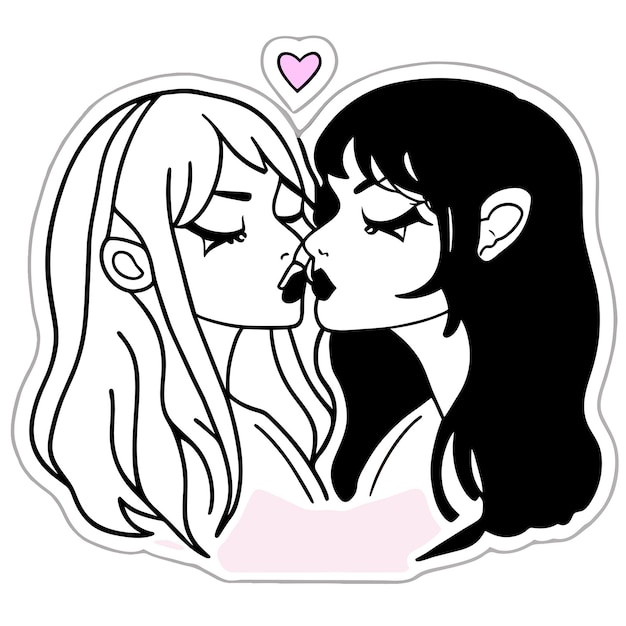 Pareja de lesbianas enamoradas dibujada a mano plana con estilo adhesivo de dibujos animados icono concepto ilustración aislada