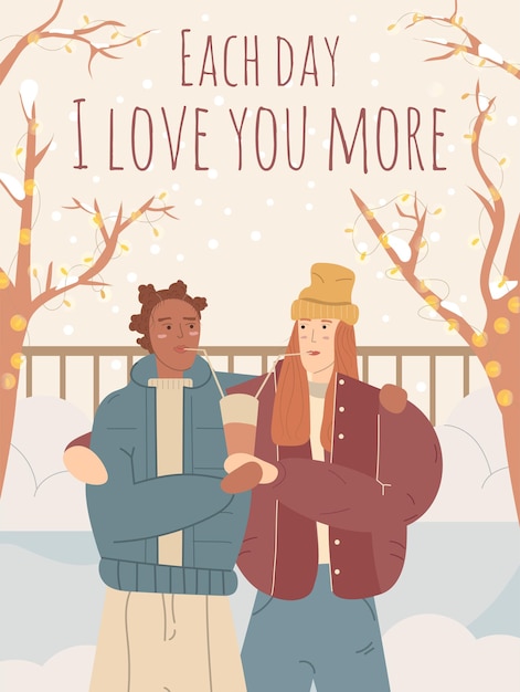 Pareja de lesbianas juntas en el parque de invierno Ilustración de amor romántico