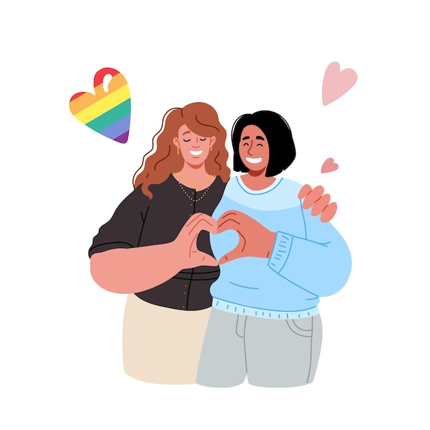 Pareja de lesbianas LGBT. Pareja de dos mujeres jóvenes abrazándose y haciendo un corazón con sus manos. Relaciones del mismo sexo. Ilustración plana vectorial