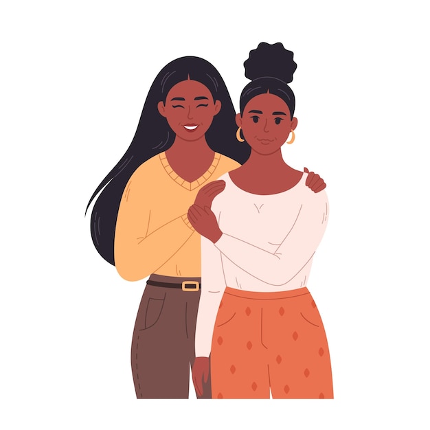 Vector pareja de lesbianas negras abrazándose y sonriendo. cariño pareja juntos. familia lgbt, orgullo lgbt.