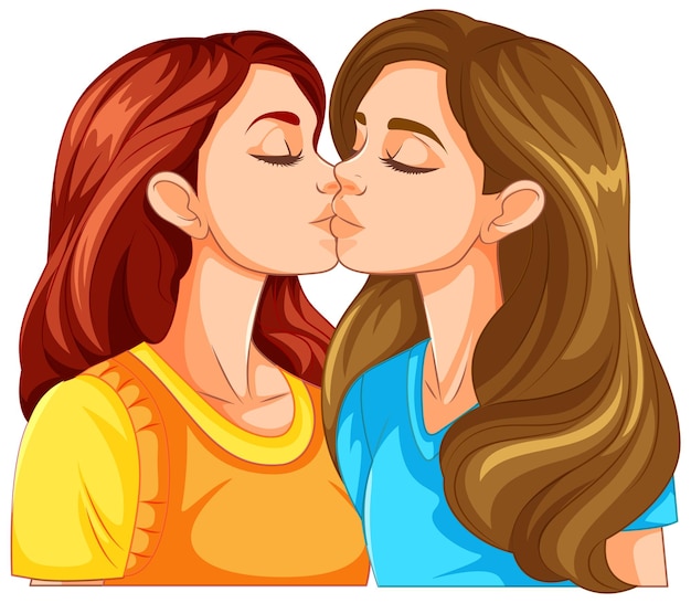 Una pareja de lesbianas que se besan en una caricatura aislada.