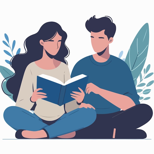 Vector pareja leyendo un libro juntos en una ilustración de diseño plano