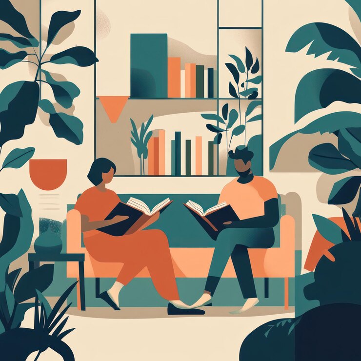 Una pareja leyendo libros en un sofá en una acogedora sala de estar