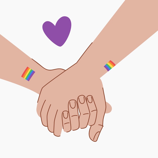 Pareja LGBT se toman de las manos Concepto de amor LGBT Manos con tatuajes de banderas LGBT Tomados de la mano