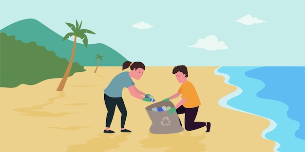 Vector una pareja limpiando las playas.