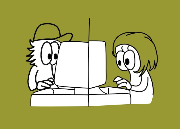 Una pareja linda de personajes de chicos y chicas chateando en sus computadoras y escribiendo en sus teclados